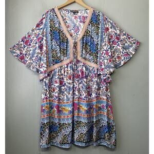 The Pyramid Collection Plus Size 1X Floral Babydoll Dress Beachy Summer Peacock